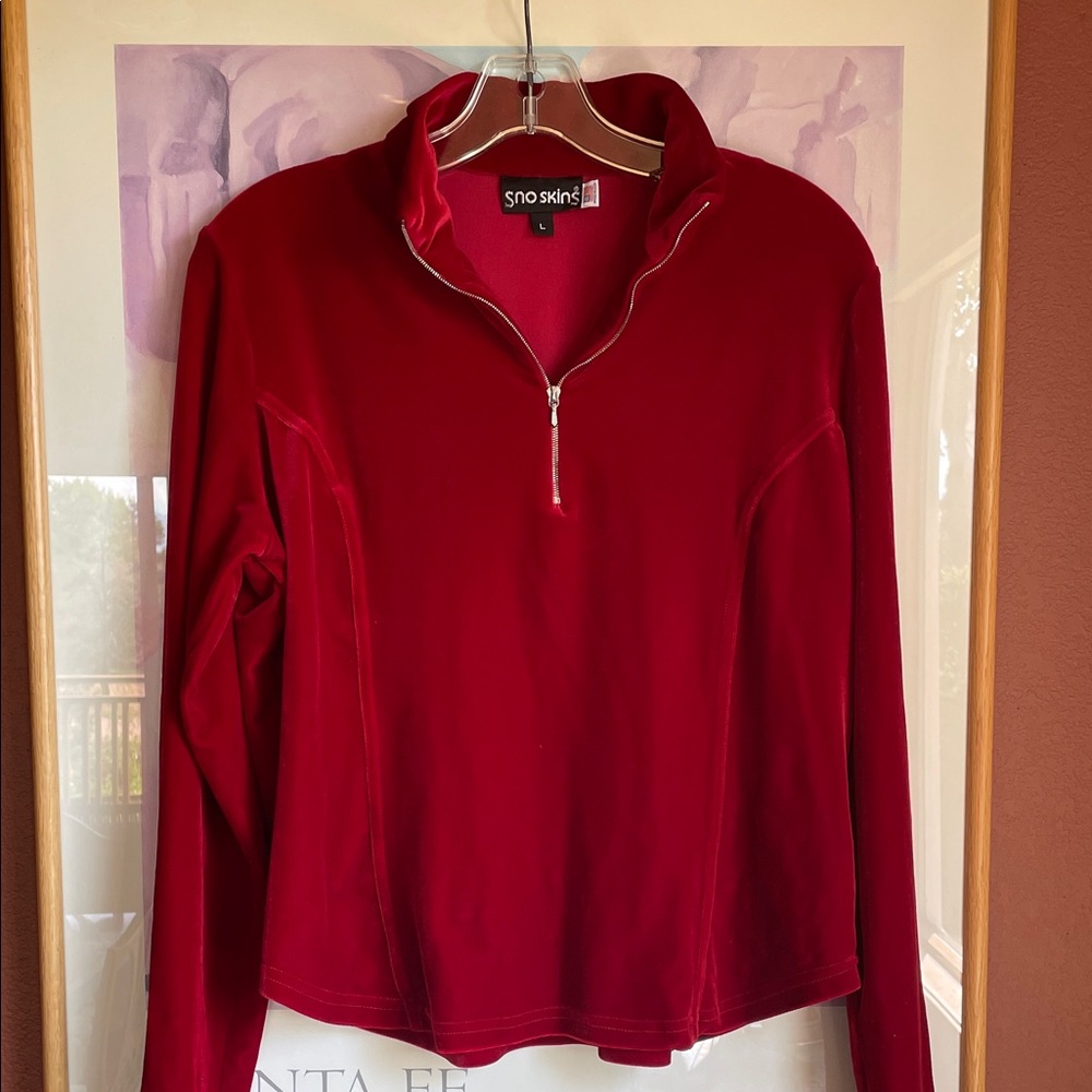SNO SKINS Stretch Velvet Quarter Zip Luxurious Deep Ruby Red Long Sleeve Top